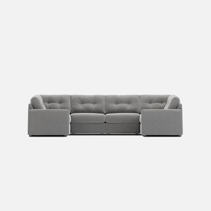 Gray tufted 6-piece modular sectional sofa with rounded arms and back cushions