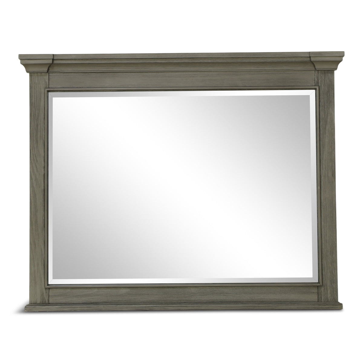 Light gray rectangular wall mirror with dark-finish frame and beveled edge