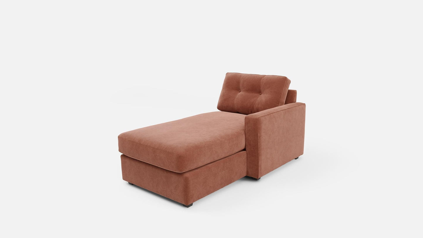 Upholstered chaise lounge with tufted backrest and ottoman-like seat in rust-brown fabric