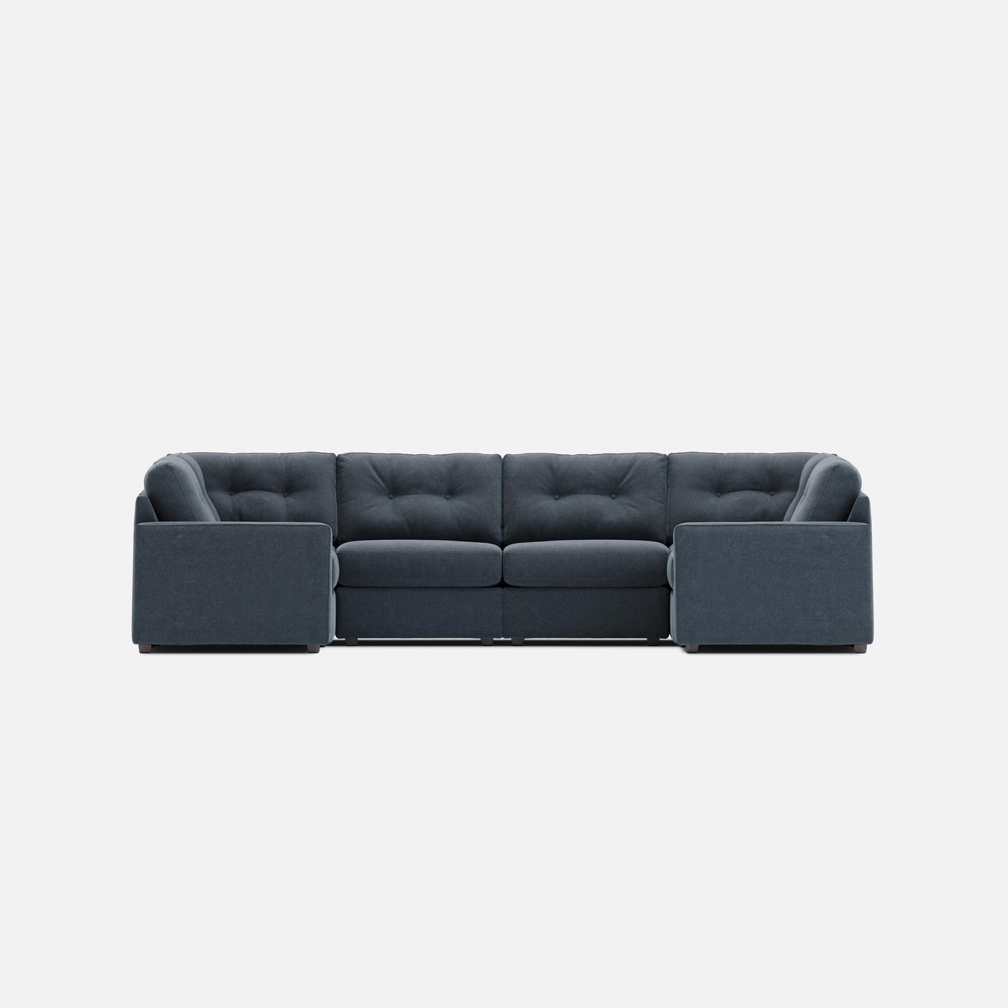 Dark gray tufted 6-piece modular sectional sofa with rounded arms and back cushions