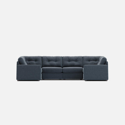 Dark gray tufted 6-piece modular sectional sofa with rounded arms and back cushions