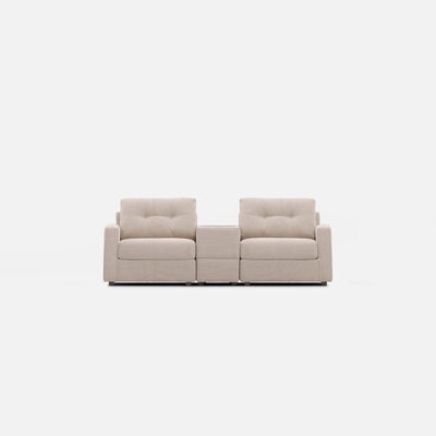 Modular console loveseat in stone-colored fabric, two-seat design with center console.
