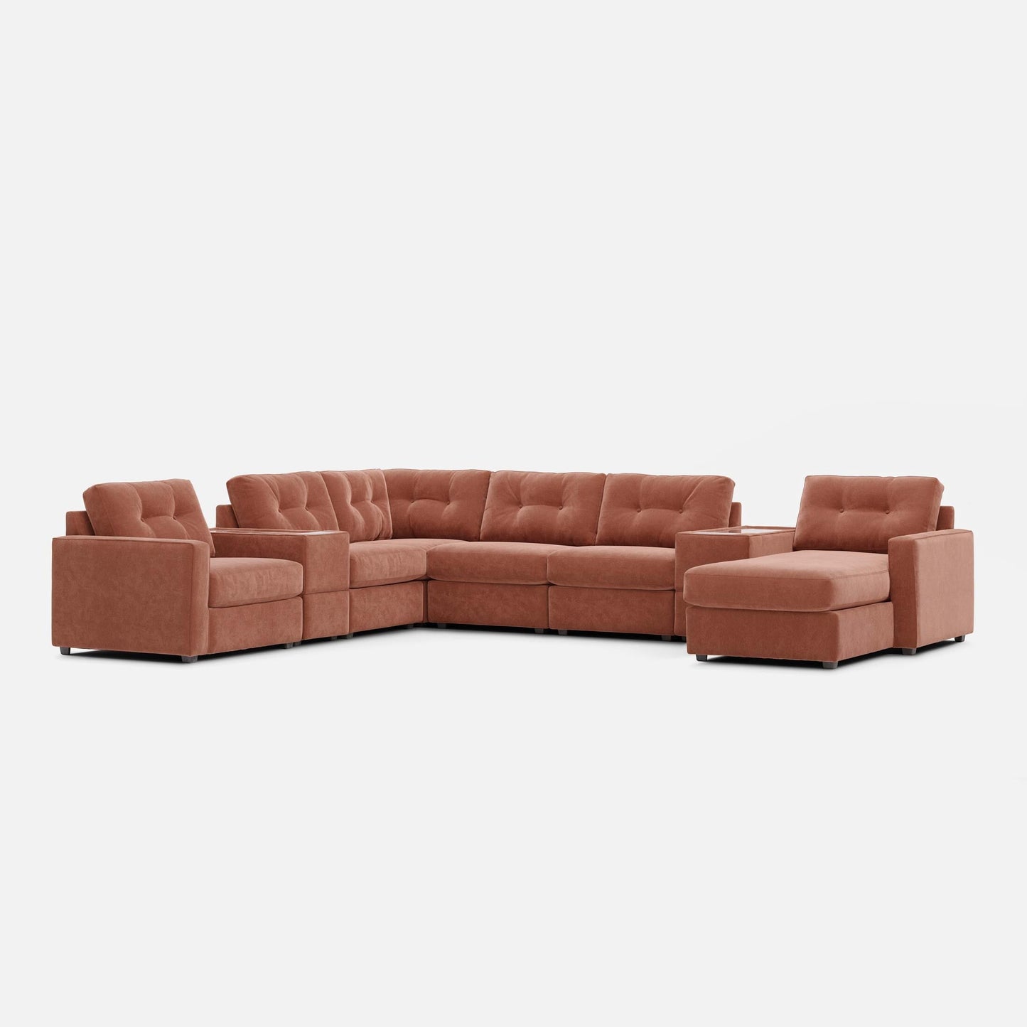 Terracotta corner sectional sofa with padded ottoman-like chaises