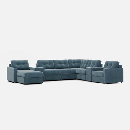 Teal-blue modular sectional sofa with chaise-style corner modules and padded arms