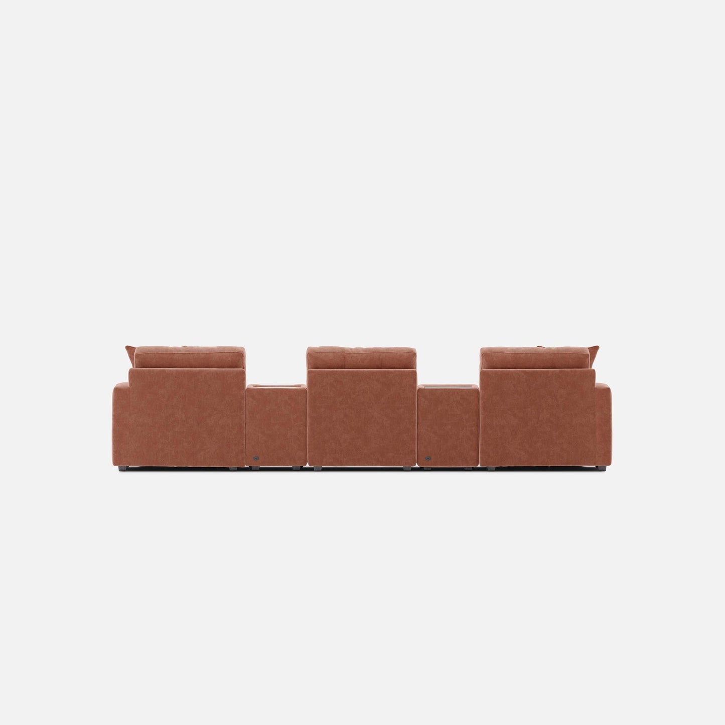 Terracotta theater sectional with dual chaise seating and squared tufted back cushions.