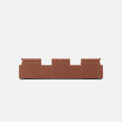 Terracotta theater sectional with dual chaise seating and squared tufted back cushions.