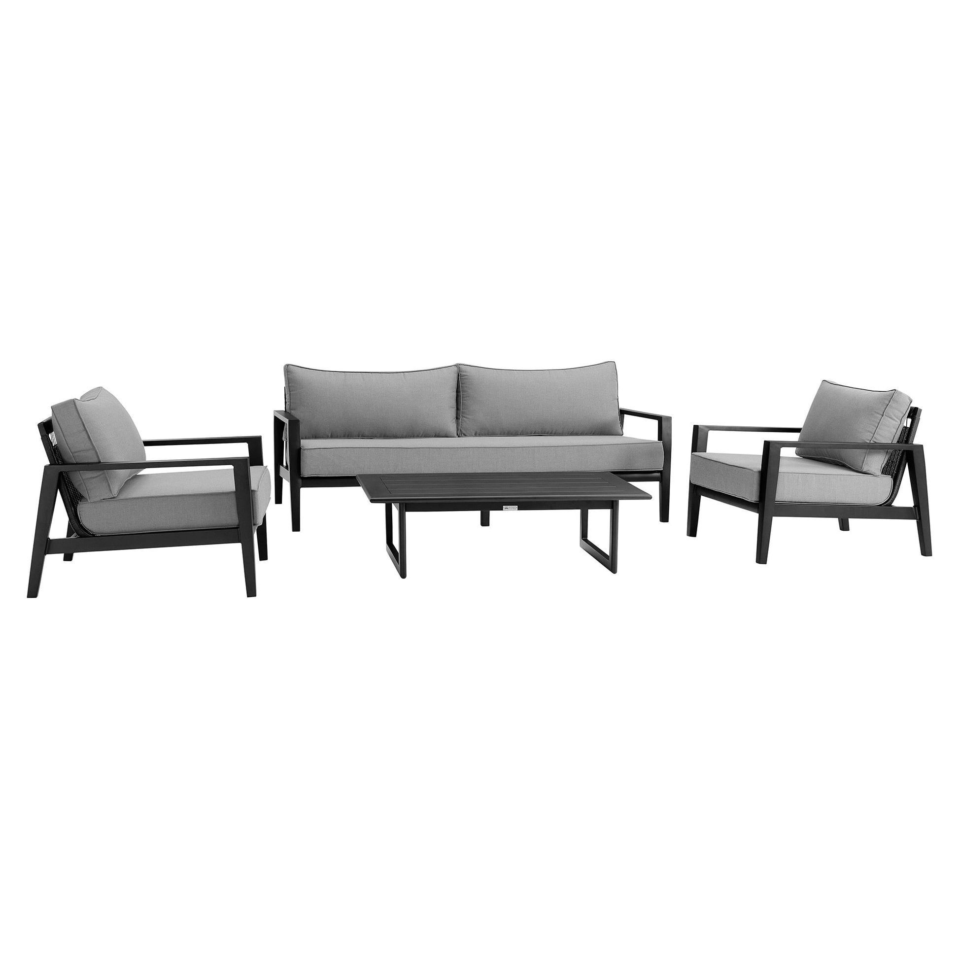 Grand 4 Piece Black Aluminum Outdoor Seating Set with Dark Gray Cushions