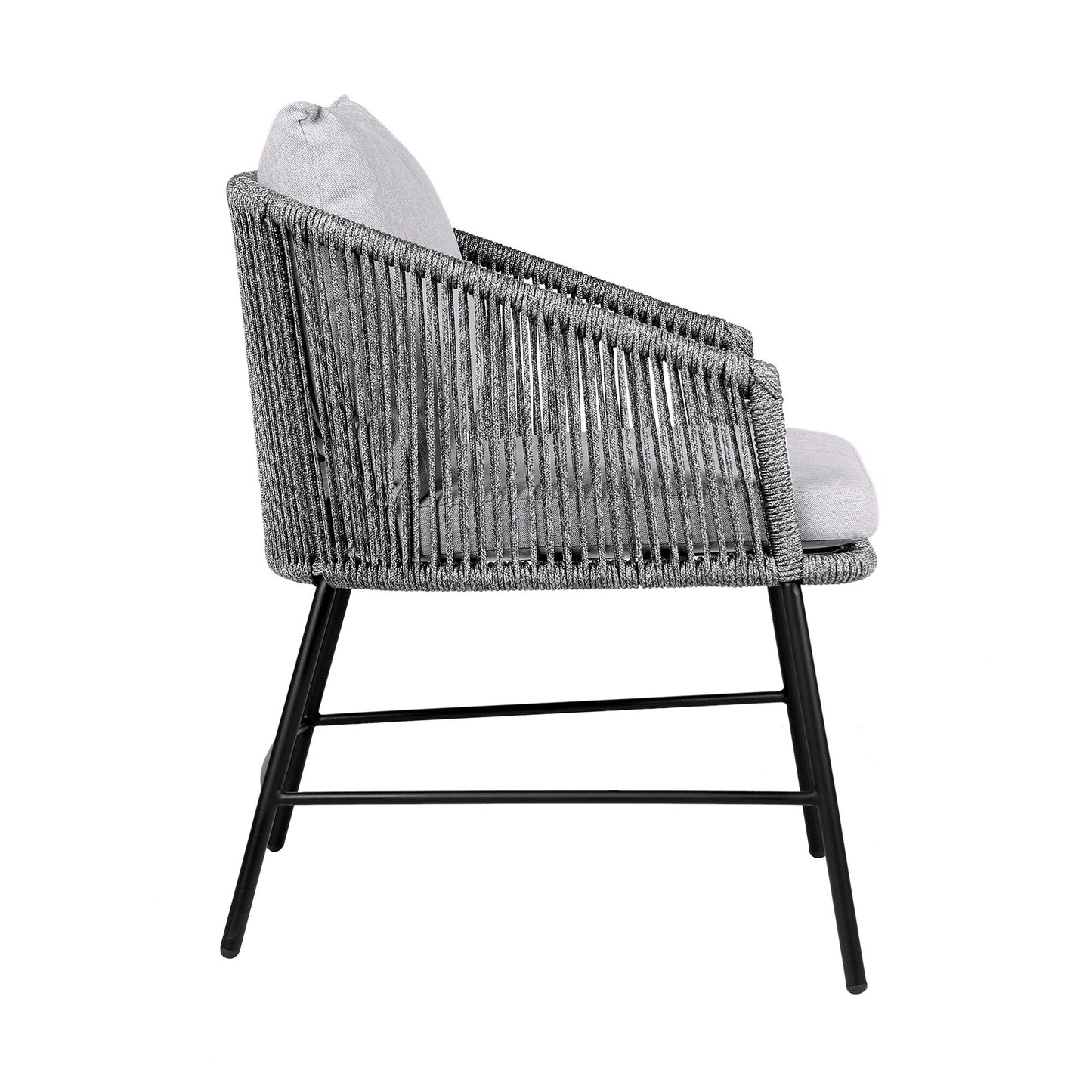 Calica Outdoor Patio Dining Chair in Black Metal and Gray Rope