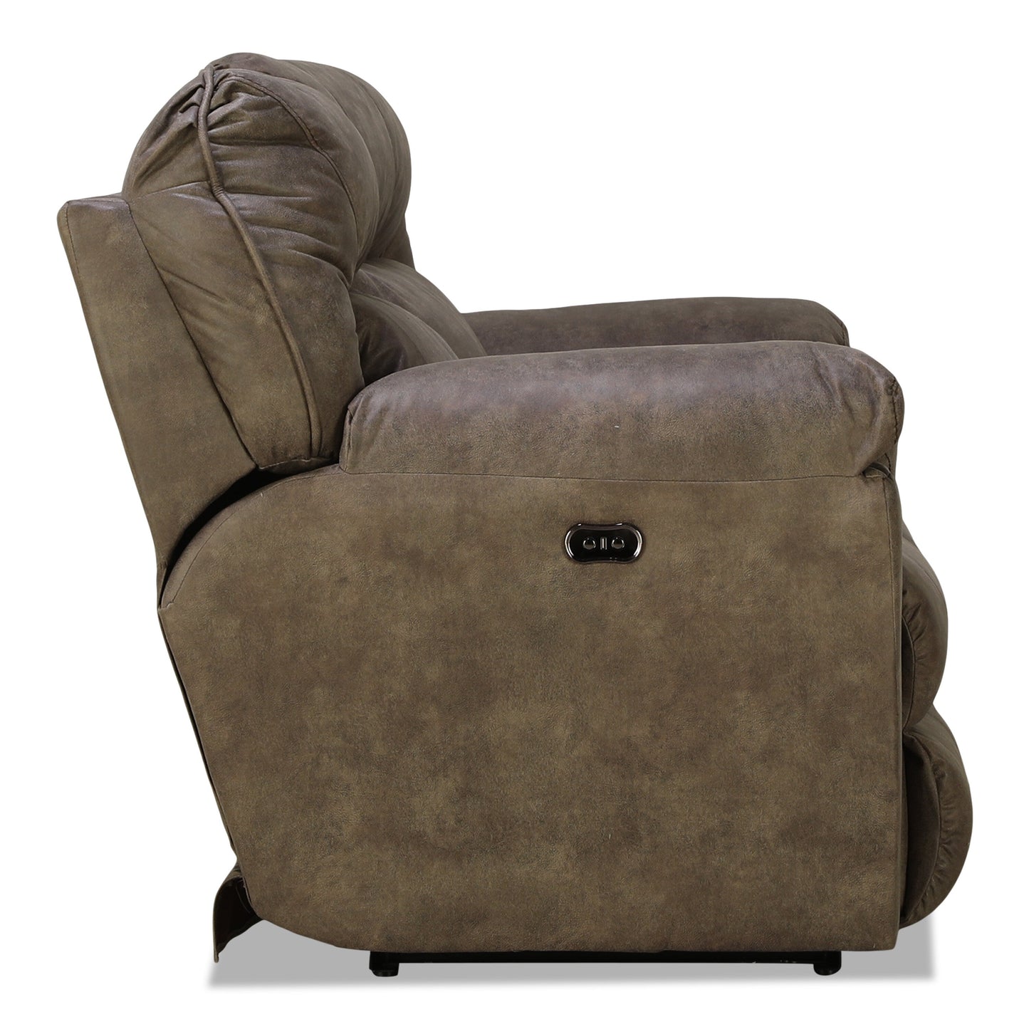 Dark brown power reclining loveseat armrest with circular control buttons