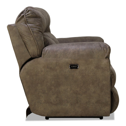 Dark brown power reclining loveseat armrest with circular control buttons