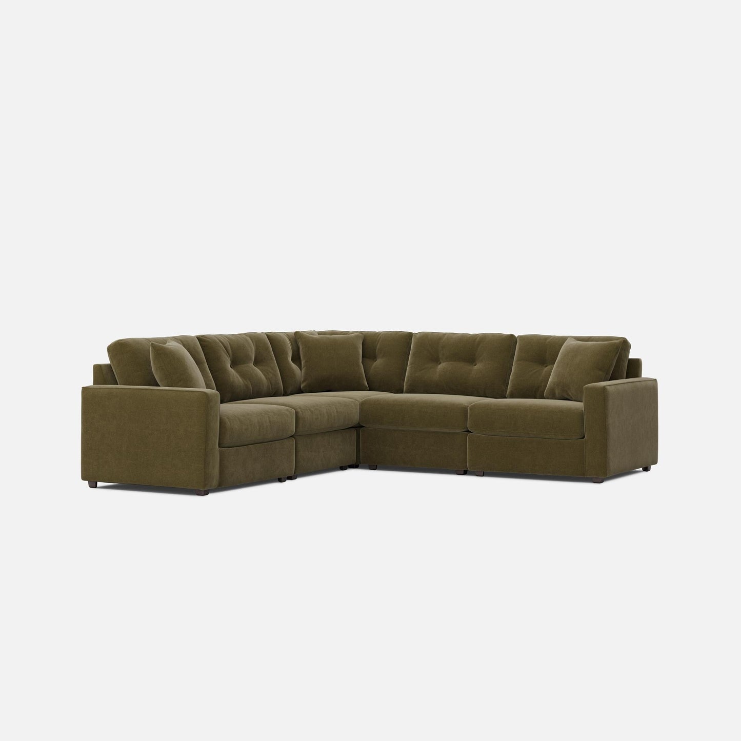 Olive green modular sectional sofa with tufted back cushions and chaise corner.
