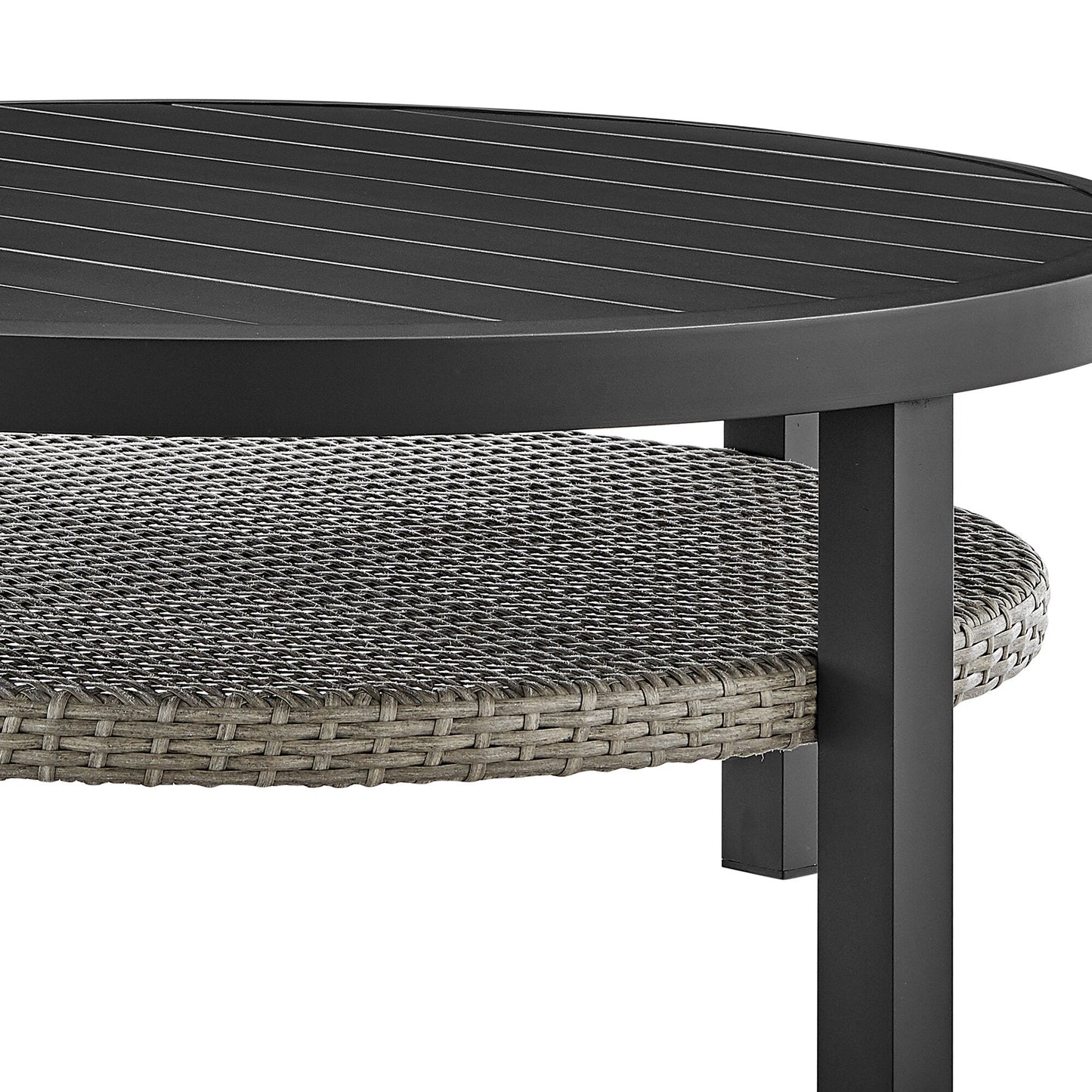 Aileen Outdoor Patio Round Coffee Table in Black Aluminum with Gray Wicker Shelf