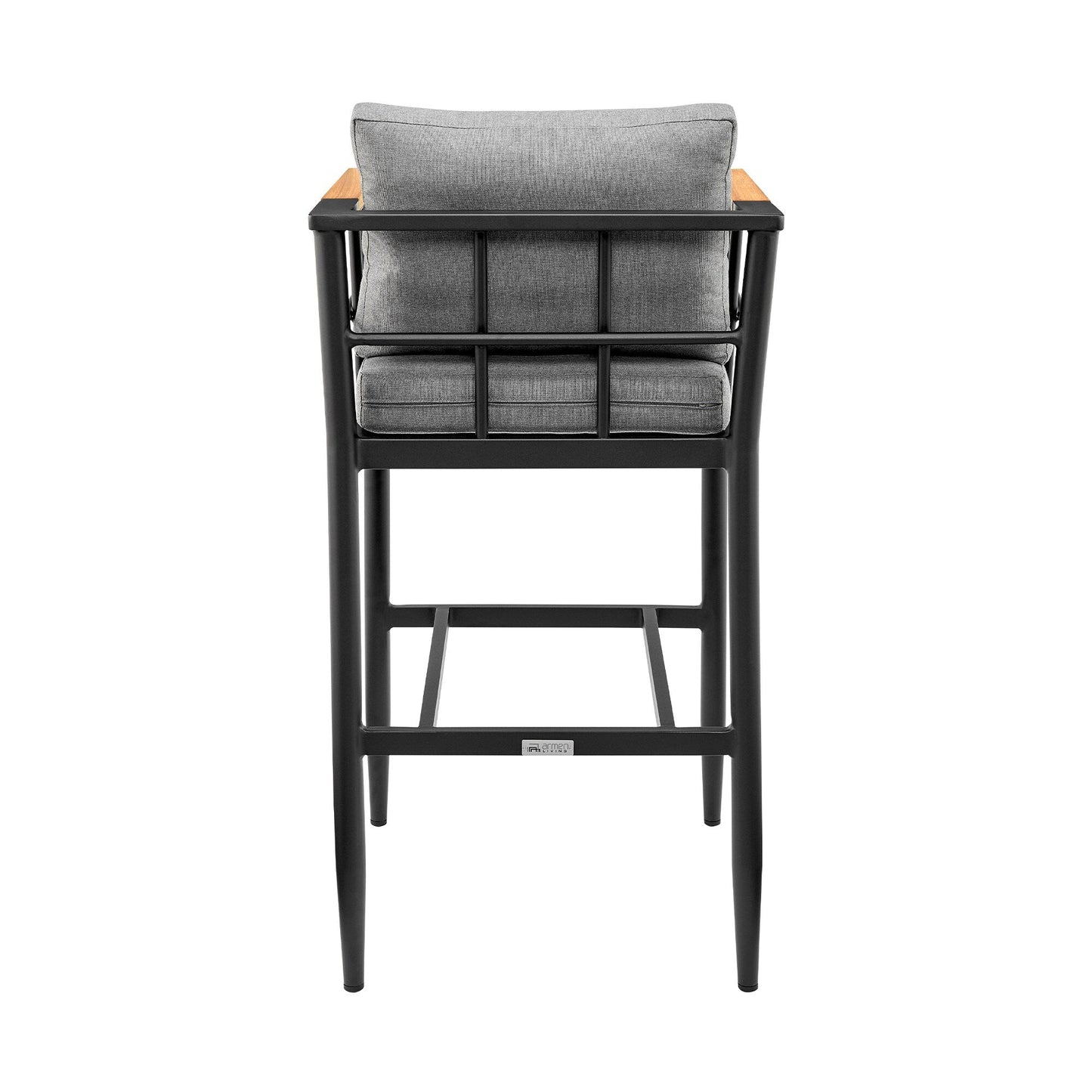 Wiglaf Outdoor Patio Bar Stool in Aluminum and Teak with Gray Cushions