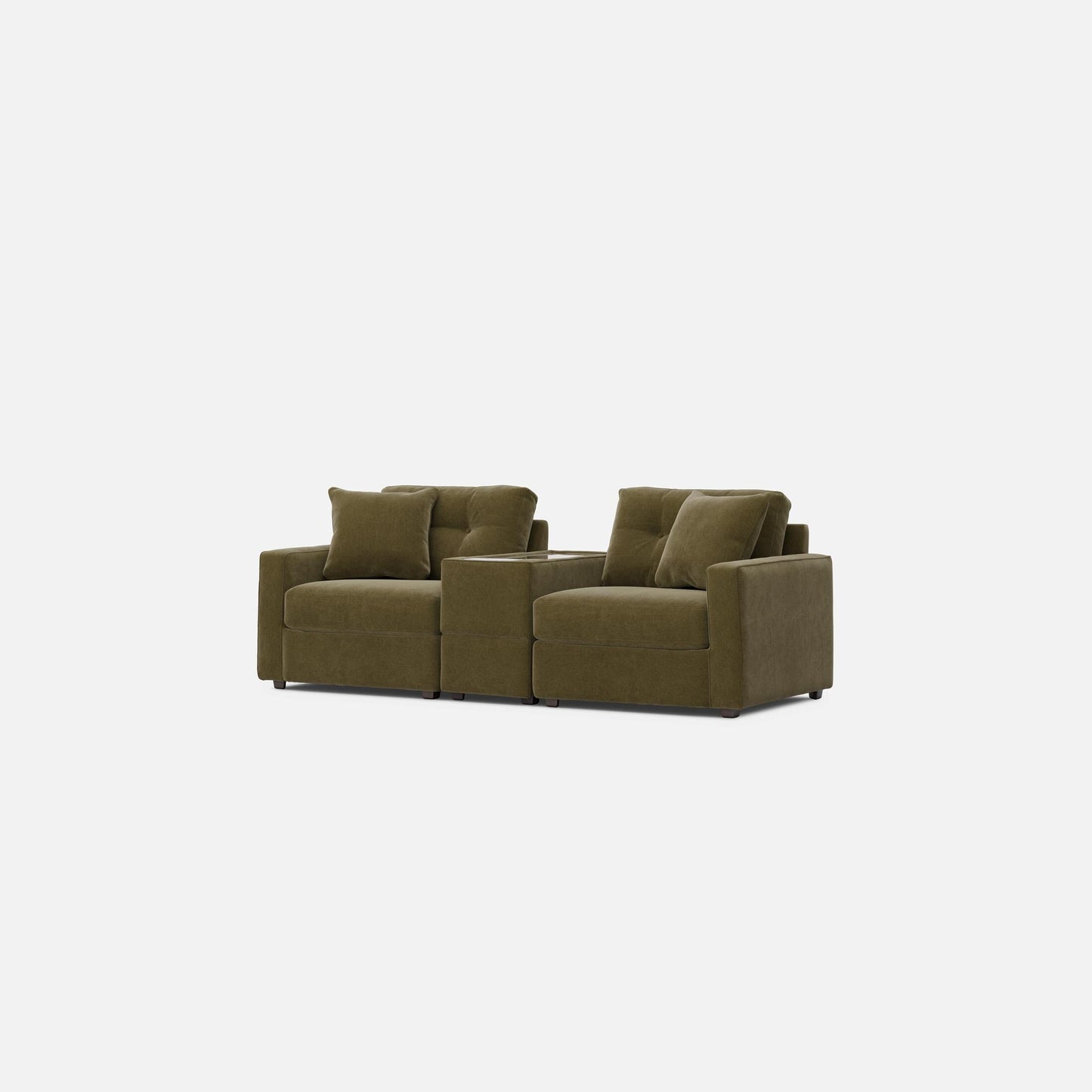 Olive modular console loveseat with three sections and two back cushions at ends