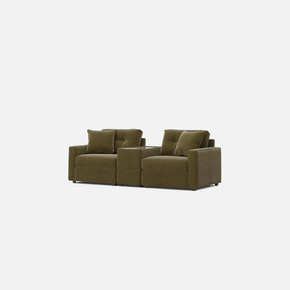 Olive modular console loveseat with three sections and two back cushions at ends