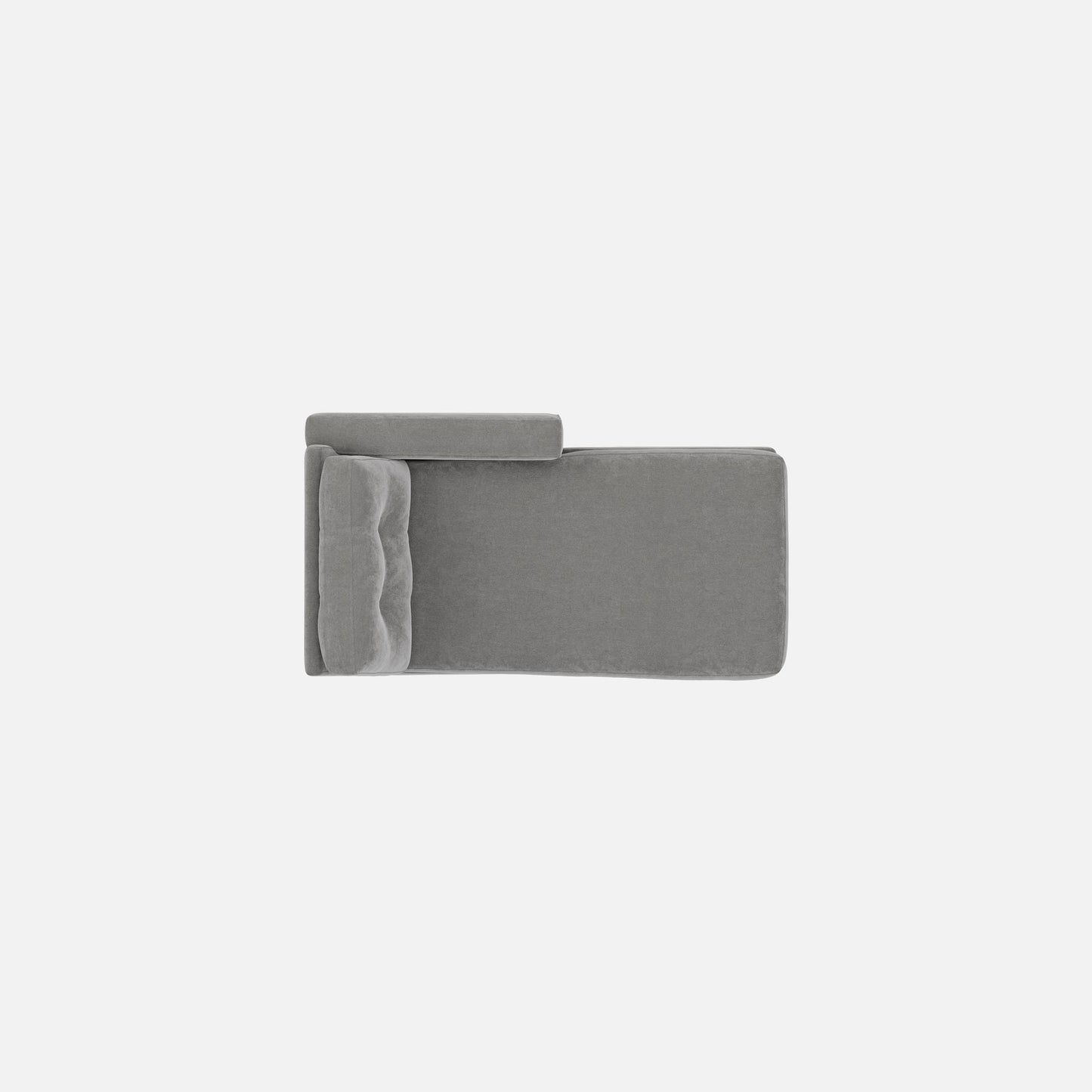 Gray chaise seat and backrest end panels, fabric upholstery close-up