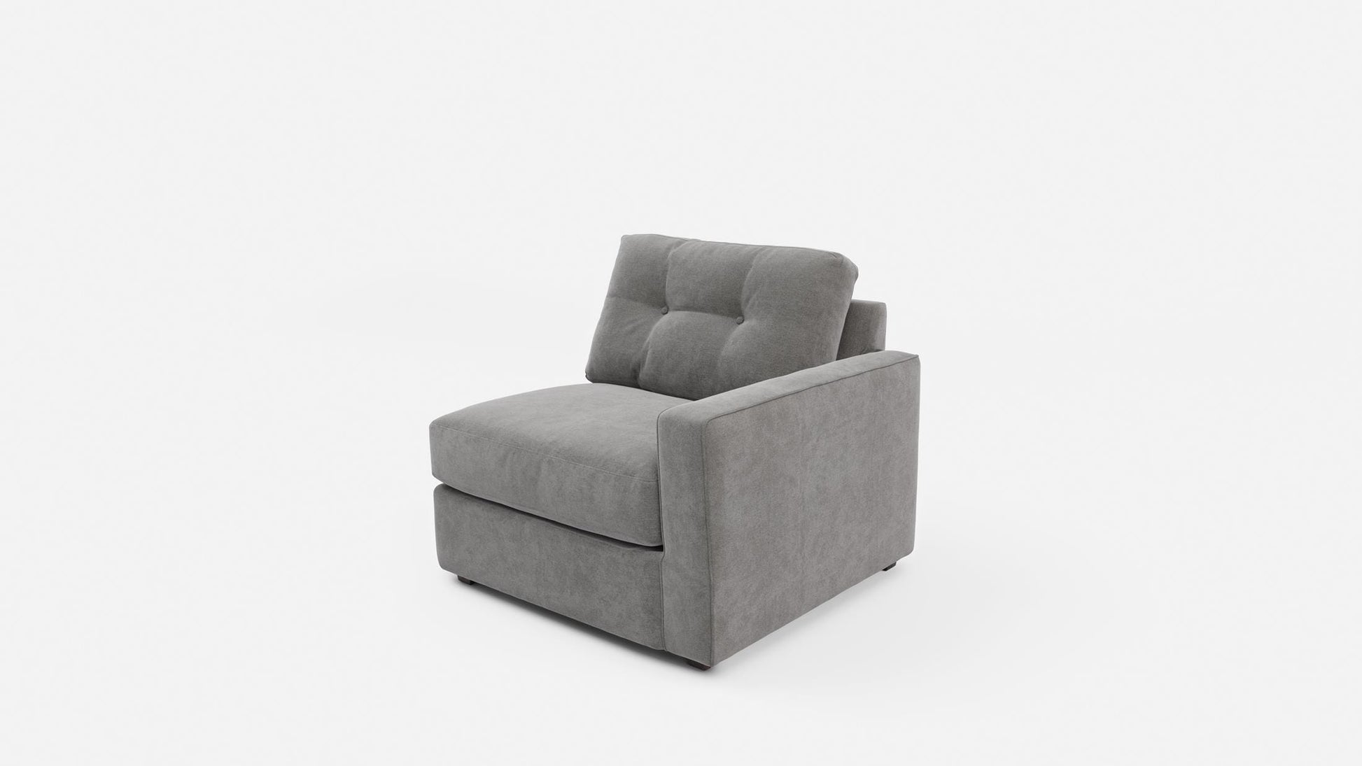 Gray upholstered modular chair with square arms and backrest in tufted sections