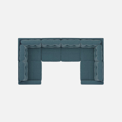 Teal modular sectional sofa with tufted backrest and four upholstered arm sections