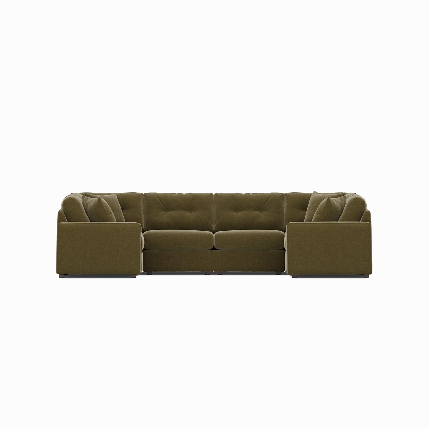 Olive modular sectional sofa with tufted back cushions and square ottoman-style arms