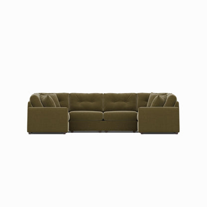 Olive modular sectional sofa with tufted back cushions and square ottoman-style arms