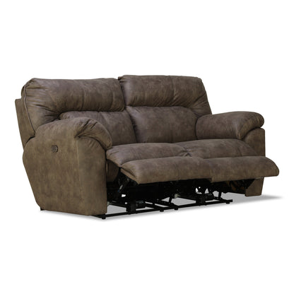 Dark brown power reclining loveseat with extended footrests and rolled arms