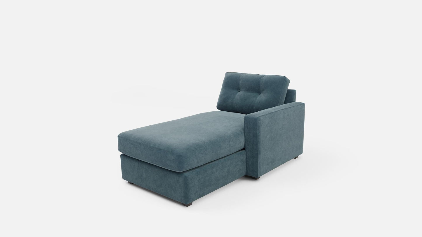 Upholstered chaise lounge with tufted backrest and chaise seat in teal-blue fabric