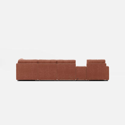Warm brown modular sectional sofa with padded back and square end ottoman module