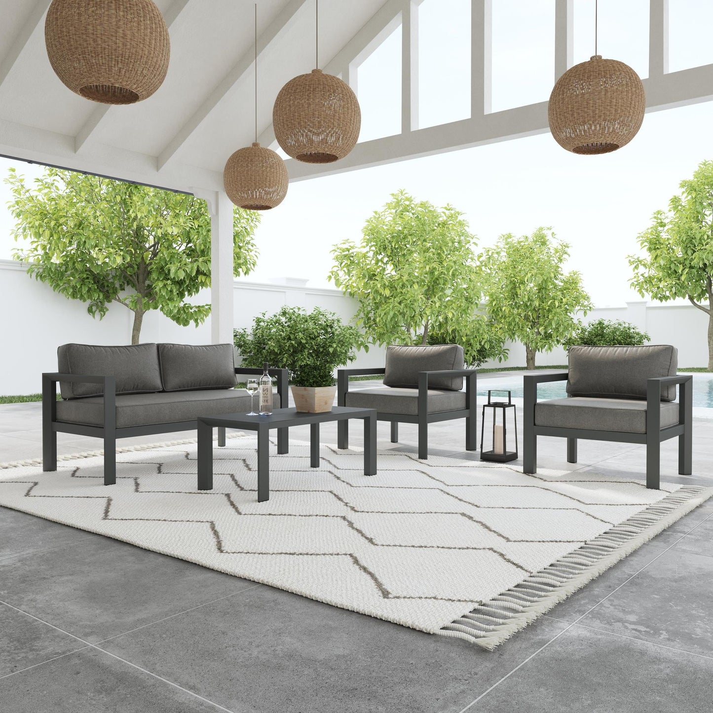 Grayton Outdoor Aluminum Loveseat with Lounge Chairs and Coffee Table