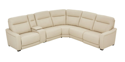 Almond leather power reclining sectional with curved back and chaise seating