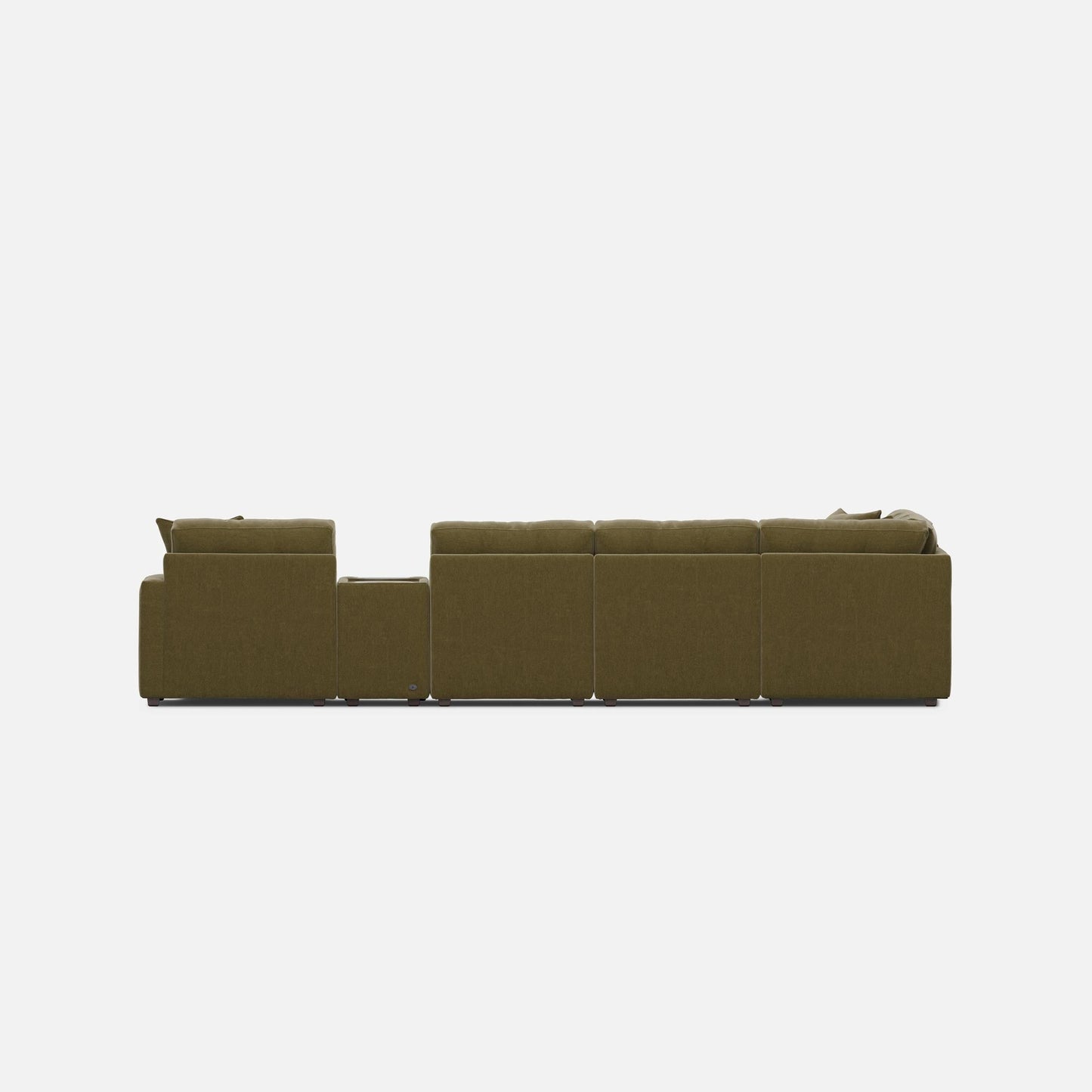 Moss green modular sectional sofa, low profile with multiple connected seats
