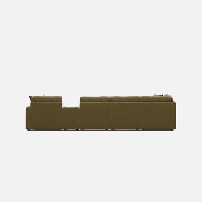 Moss green modular sectional sofa, low profile with multiple connected seats