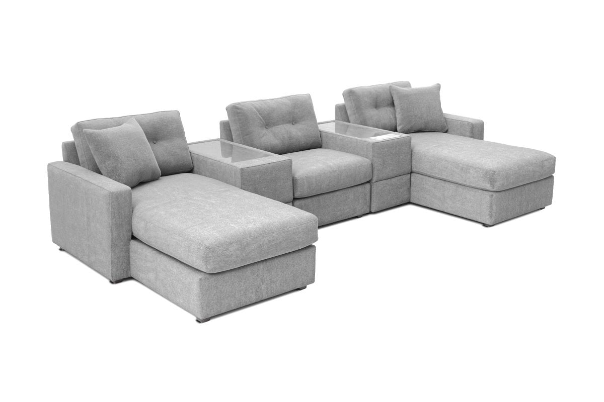 Modular theater sectional with dual chaises in light gray, angled view of chaise cushions.