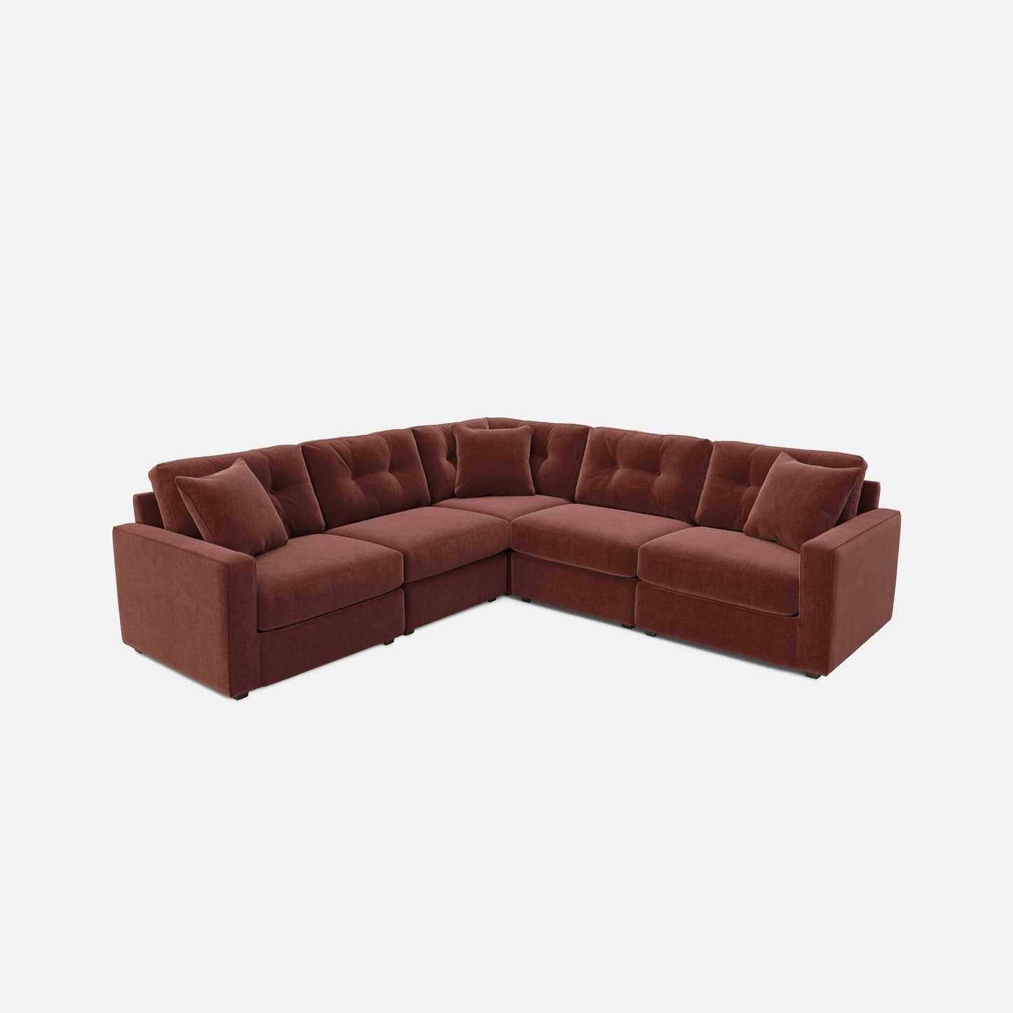Merlot red L-shaped sectional sofa with chaise corner and tufted seat and back cushions