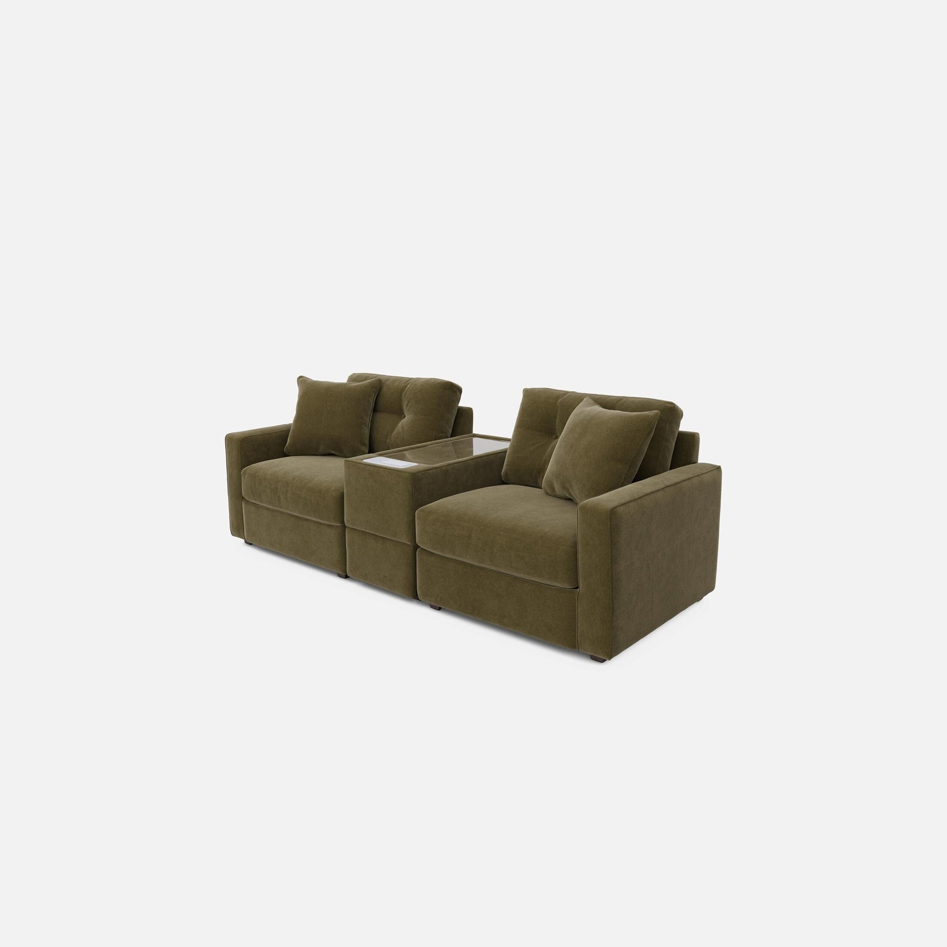 Olive modular console loveseat with three padded blocks and two back pillows
