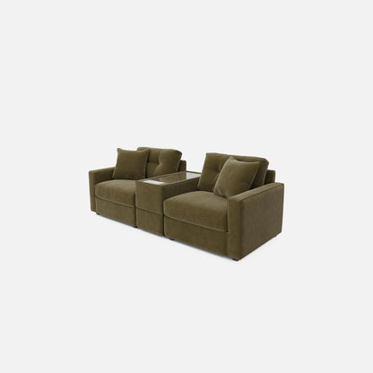 Olive modular console loveseat with three padded blocks and two back pillows