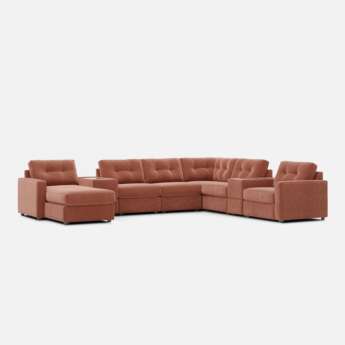 Terracotta modular sectional sofa with rounded block arms and tufted cushions