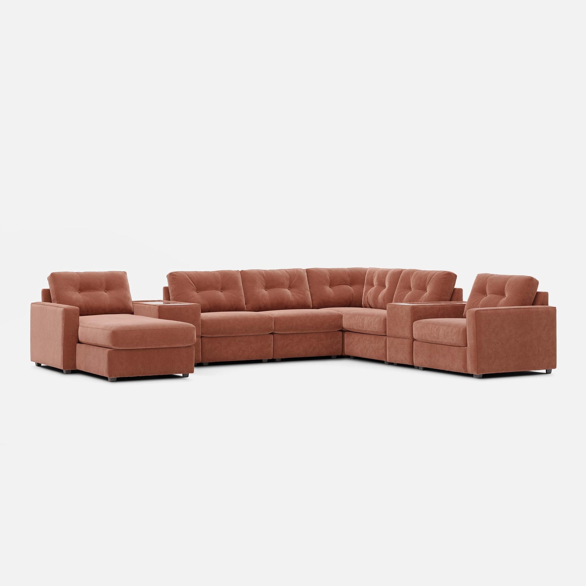 Terracotta modular sectional sofa with rounded block arms and tufted cushions