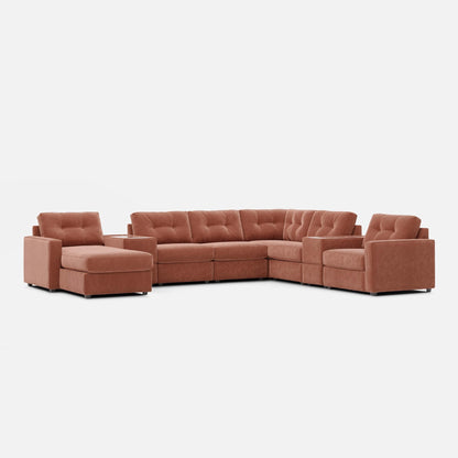 Terracotta modular sectional sofa with rounded block arms and tufted cushions