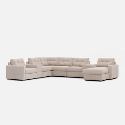 8-piece modular sectional sofa in light beige fabric with chaise and boxy seat cushions.