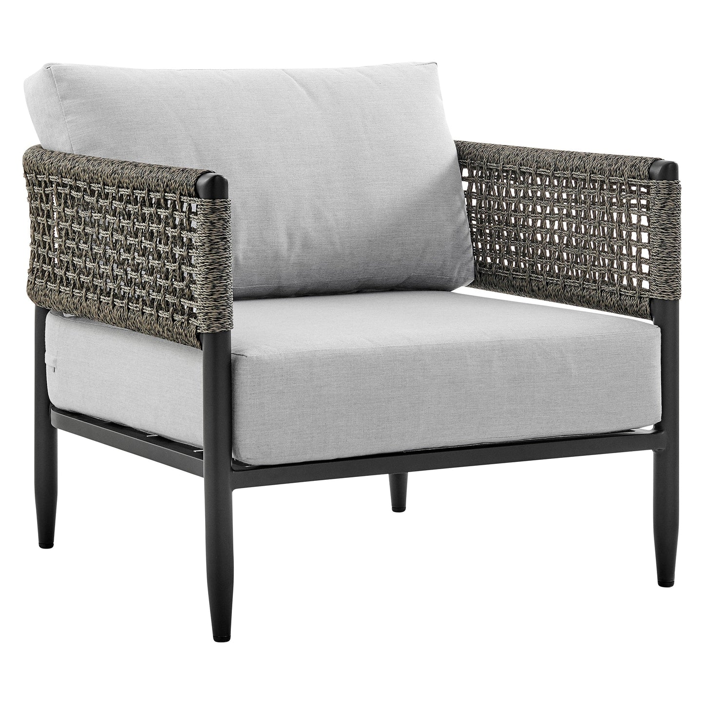 Felicia 4 Piece Outdoor Black Aluminum & Rope Conversation Set with Light Gray Fabric Cushions