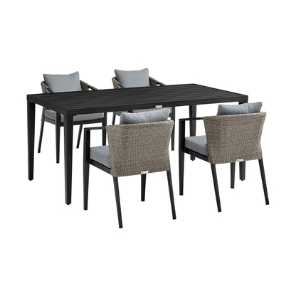 Aileen Outdoor Patio 5-Piece Dining Table Set in Aluminum and Wicker with Gray Cushions