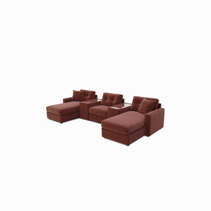 Modular sectional sofa with dual chaises, dark red fabric, extended corner chaise view