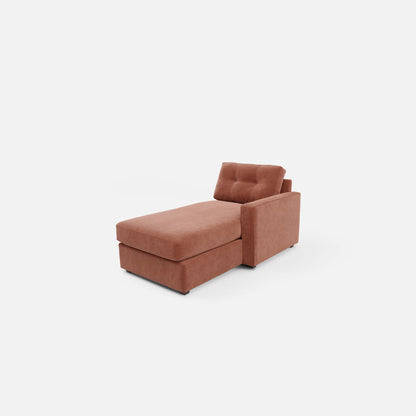 Upholstered chaise lounge with tufted backrest and square seat in rust-brown fabric