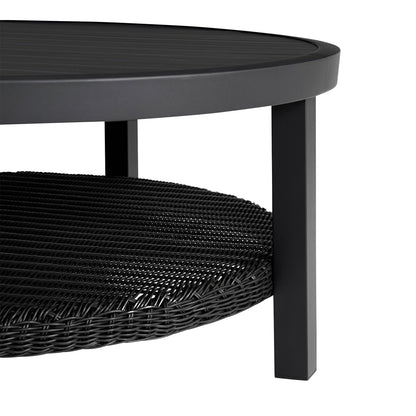 Grand Black Aluminum Outdoor Round Conversation Table with Wicker Shelf