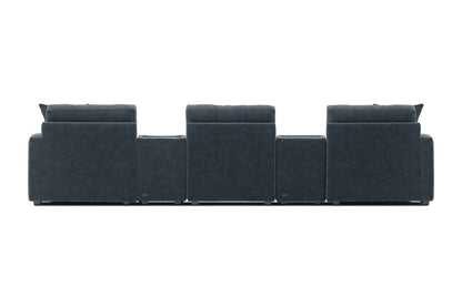Modular theater sectional with dual chaises, dark navy upholstery, straight front view with back panels.