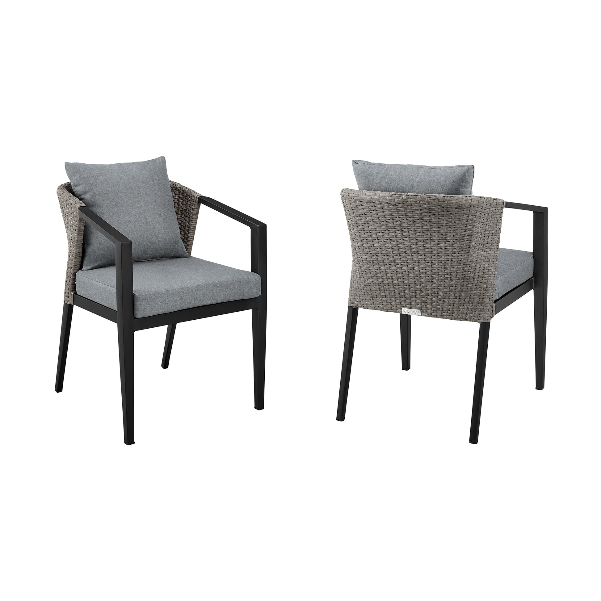 Aileen Outdoor Patio Dining Chairs in Aluminum and Wicker with Gray Cushions (Set of 2)