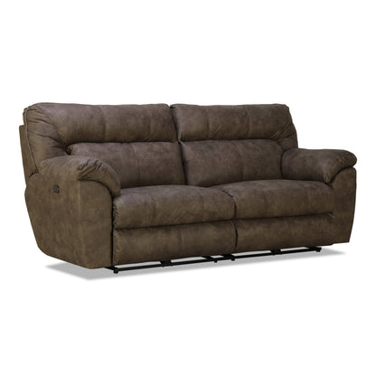 Brown reclining sofa with padded arms and tufted back cushions, side view.