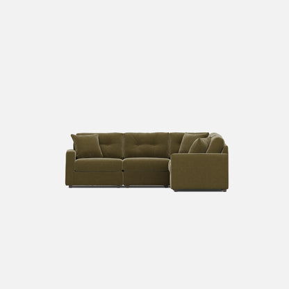 Olive green sectional sofa with right chaise extension and button-tufted back cushions