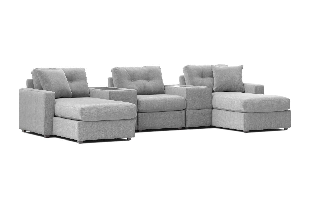 Modular theater sectional with dual chaises, light gray fabric, L-shaped chaise arrangement.