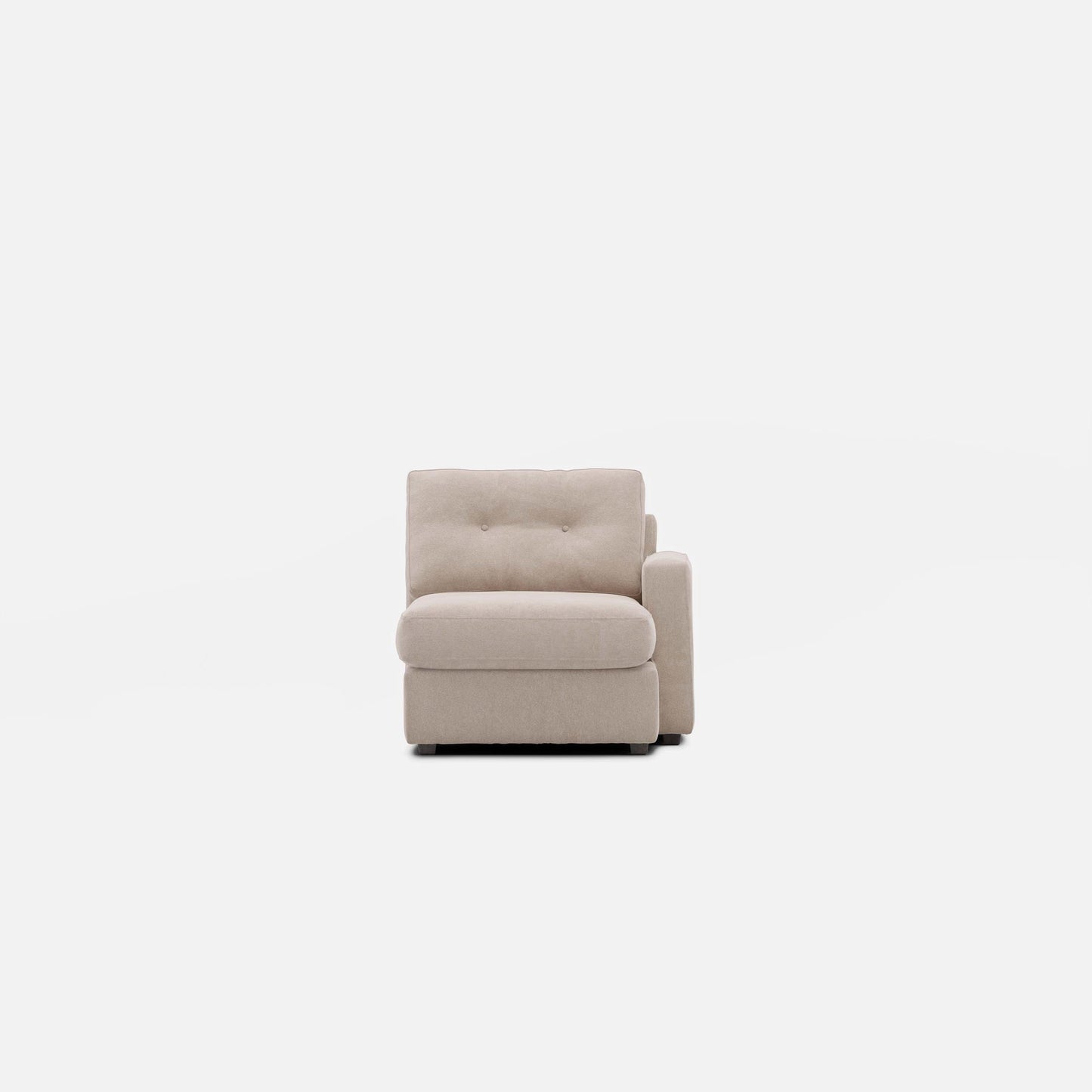 Beige modular one chaise with tufted backrest and padded arm, front view
